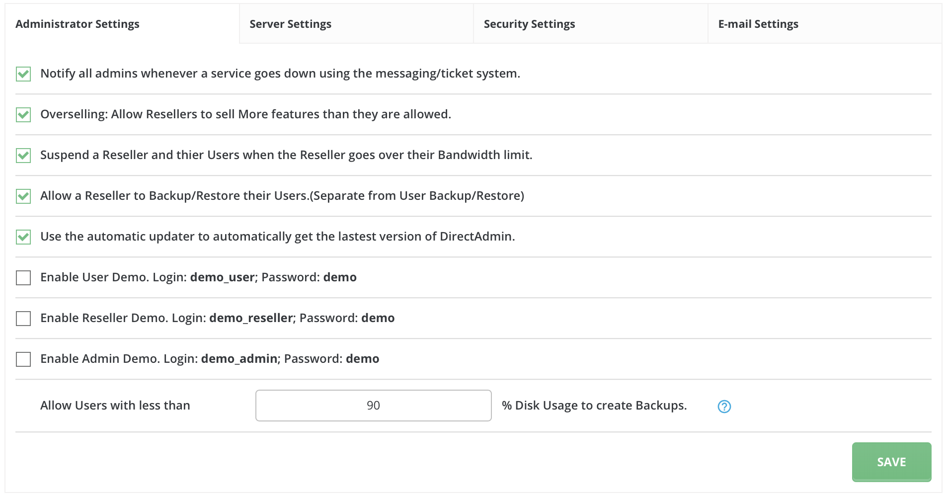 list admin settings